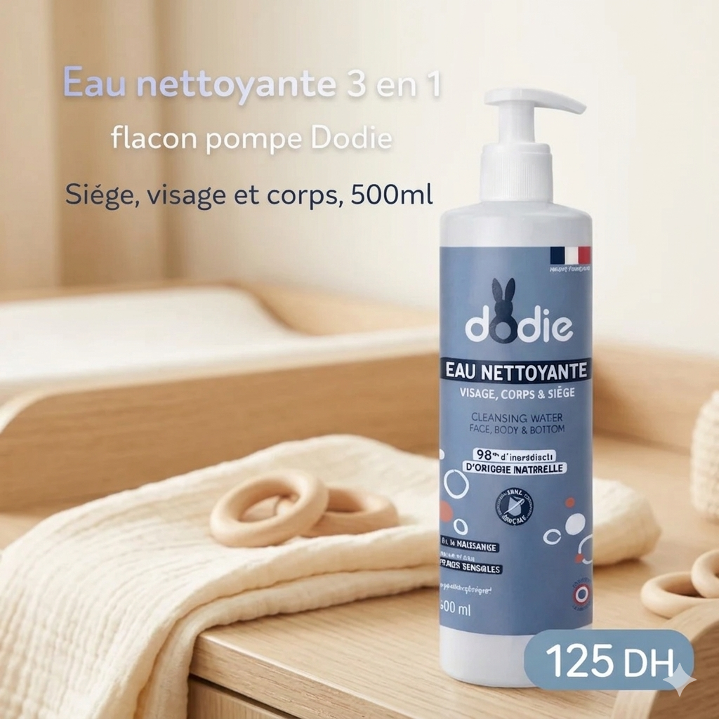 Eau nettoyante 3en1 flacon pompe Dodie - siège, visage et corps, 500ml