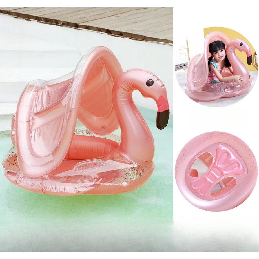 Bouée Siège Bébé Flamant Rose avec Auvent et Paillettes – 6M+