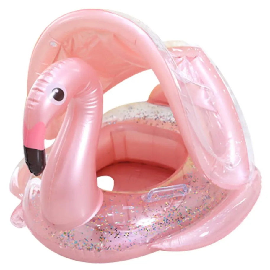 Bouée Siège Bébé Flamant Rose avec Auvent et Paillettes – 6M+