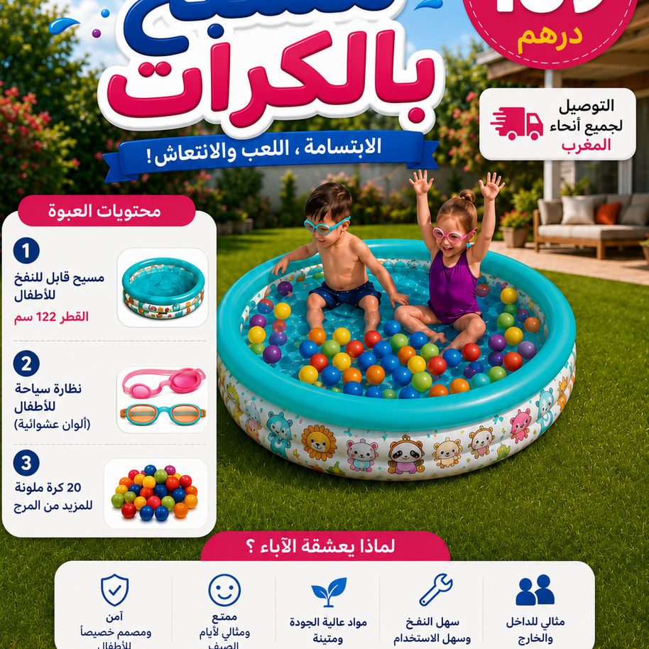 Piscine à Balles pour Enfants avec 20 Balles & Lunettes de Piscine – 1,22 m