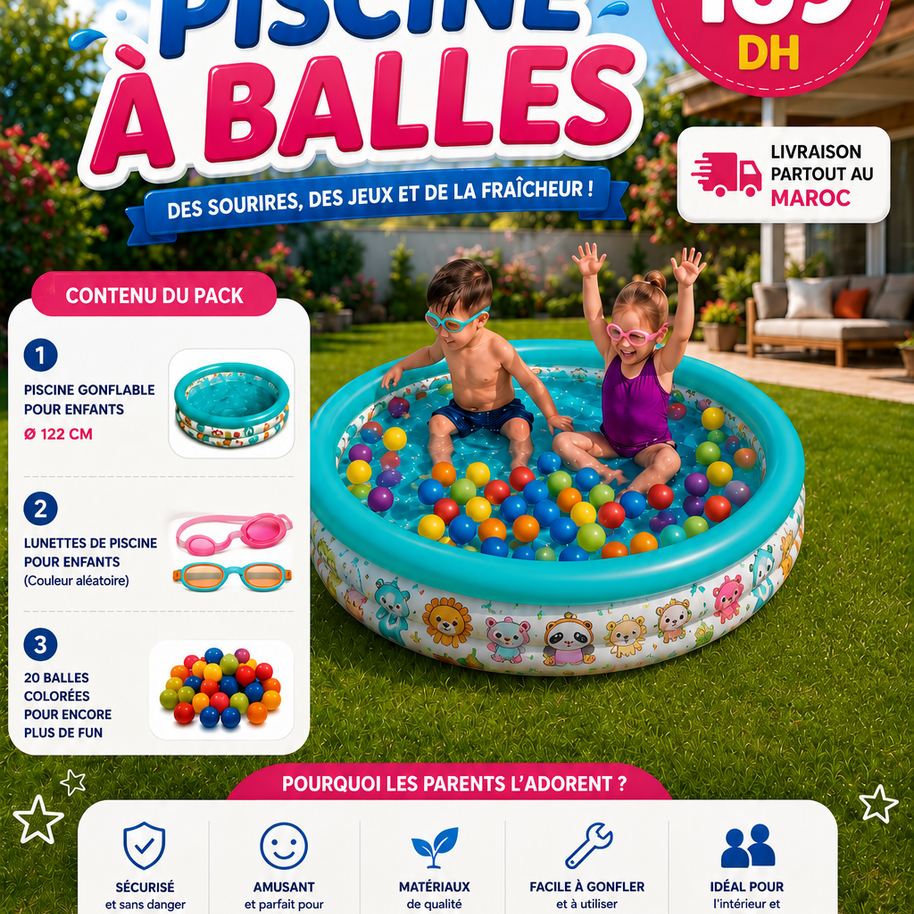 Piscine à Balles pour Enfants avec 20 Balles & Lunettes de Piscine – 1,22 m