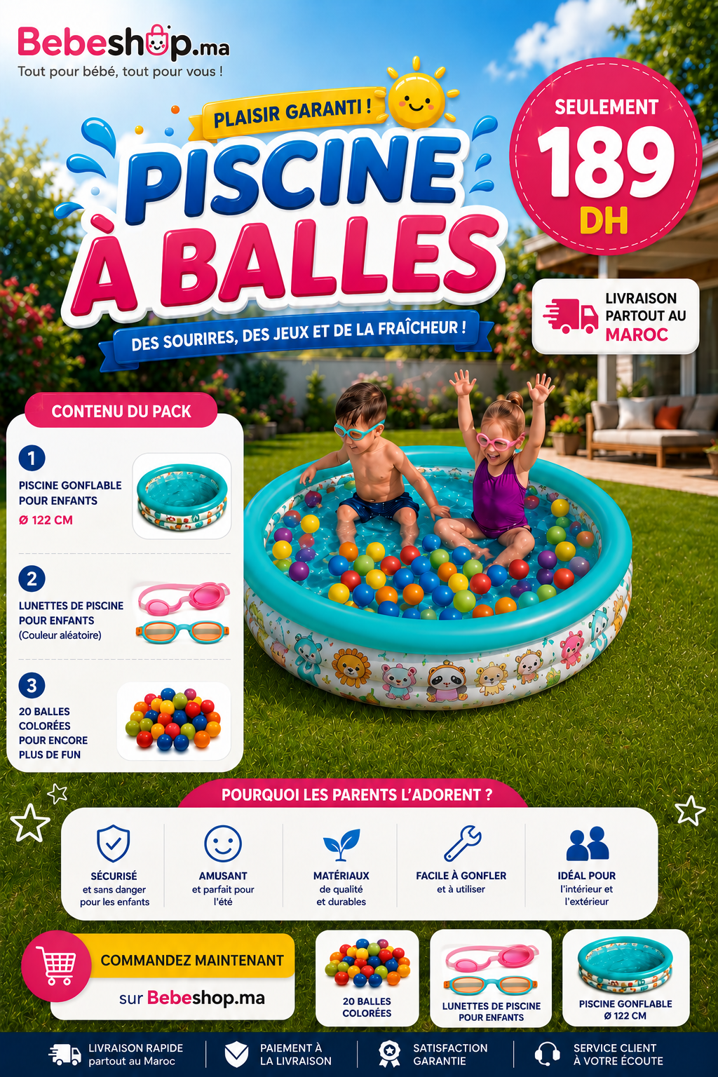 Piscine à Balles pour Enfants avec 20 Balles & Lunettes de Piscine – 1,22 m
