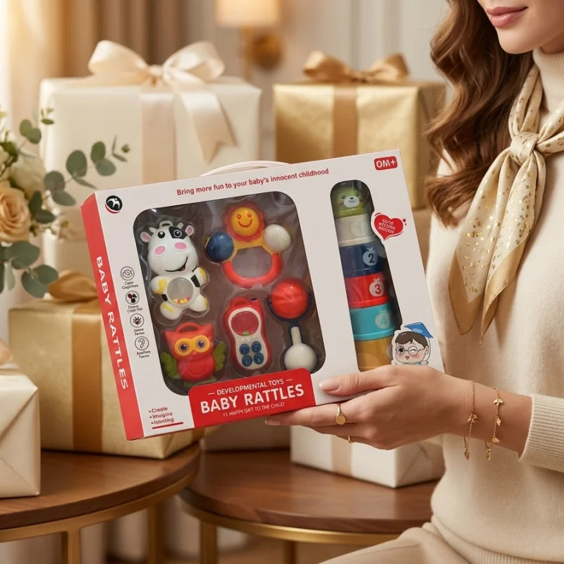 Coffret Cadeau Bébé avec Tasses Empilables & Hochets 0M+ 