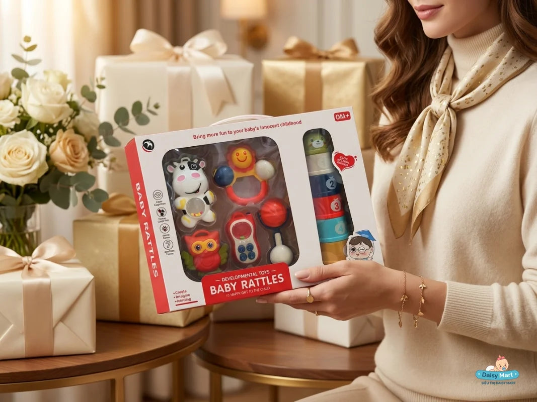 Coffret Cadeau Bébé avec Tasses Empilables & Hochets 0M+ 