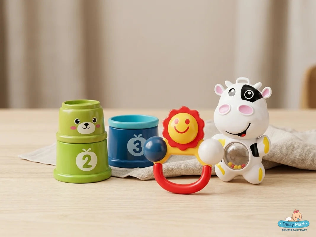 Coffret Cadeau Bébé avec Tasses Empilables & Hochets 0M+