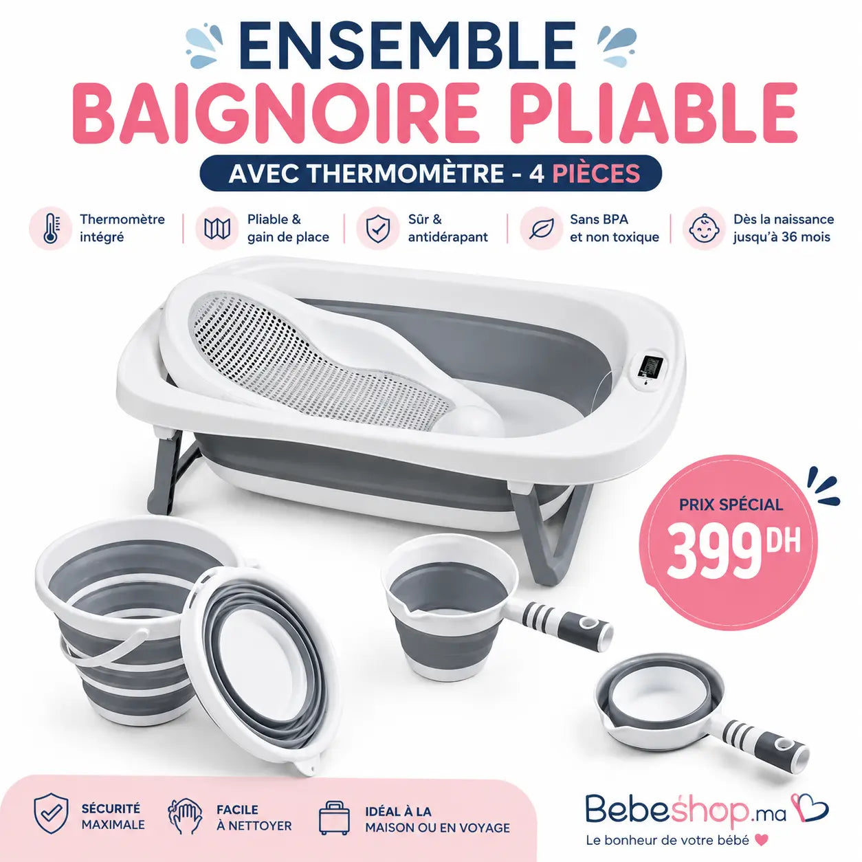 Ensemble Baignoire Pliable avec Thermomètre – 4 Pièces