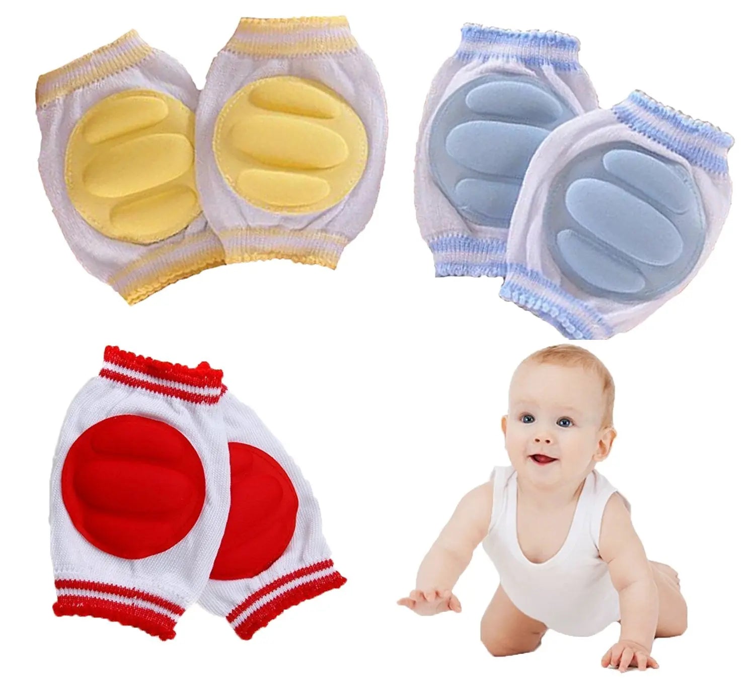 Bébé portant une genouillère 4 pattes antidérapante pour protéger ses genoux pendant le rampement.