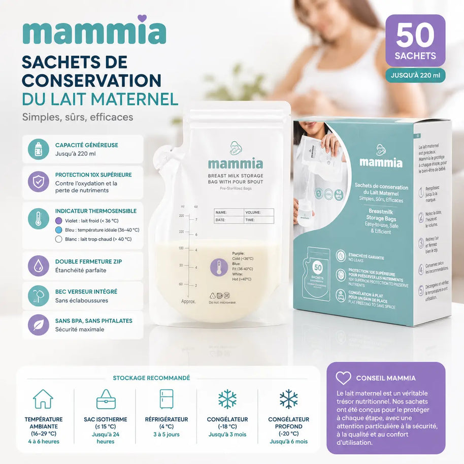 Mammia 50 sachets de conservation du lait maternel 220 ml avec double zip, bec verseur et indicateur thermosensible, sans BPA, disponibles au Maroc sur BebeShop.ma.