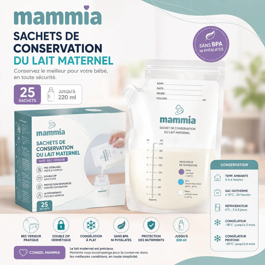 Mammia 25 sachets de conservation du lait maternel pré-stérilisés 220 ml sans BPA pour stockage et congélation du lait maternel au Maroc.
